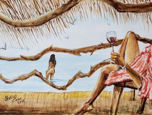 A relaxing moment with wine von Stelios Koutouvides, Malerei kaufen auf Singulart