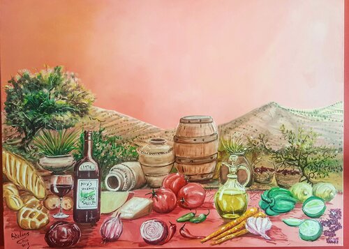 Picnic at the vineyard di Stelios Koutouvides, Pittura in vendita su Singulart