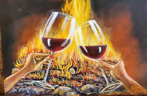 Toasting by the Flames van Stelios Koutouvides, Schilderij te koop op Singulart