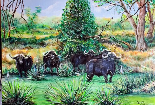 Herd at the Water's Edge van Stelios Koutouvides, Schilderij te koop op Singulart