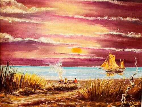 Campfire Glow at Dusk van Stelios Koutouvides, Schilderij te koop op Singulart