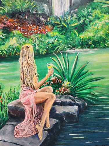 Elegant moment at the waterfall van Stelios Koutouvides, Schilderij te koop op Singulart
