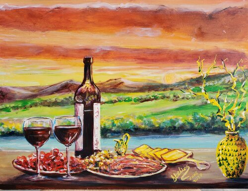 Vineyard feast par Stelios Koutouvides, Peinture en vente sur Singulart