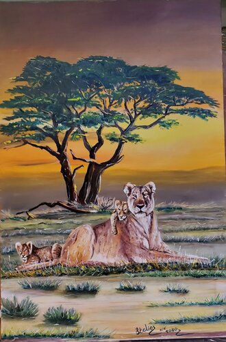 Nightfall in the Serengeti di Stelios Koutouvides, Pittura in vendita su Singulart