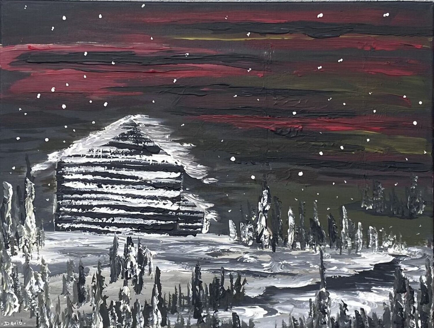 'Cabin in Snowstorm' David Coulson Dipinto originale in vendita