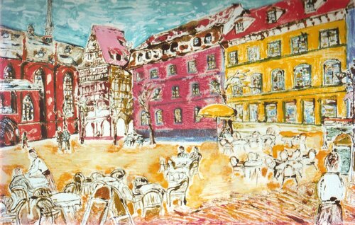 Southernish marketplace (Marktplatz Neustadt a.d.Weinstrasse) de Gudrun Lydia Martini, Pintura a la venta en Singulart