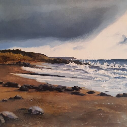 Dark skies approaching, Donabate strand van Fodhla Ward, Schilderij te koop op Singulart