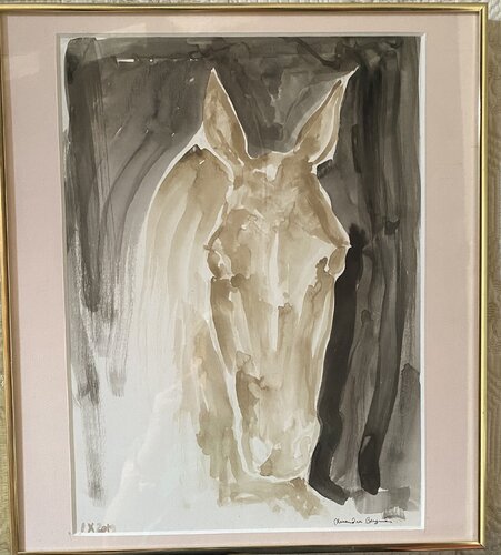 Portrait cheval doré sur fond noir Alexandra Bergmans