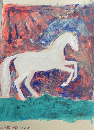 Cheval blanc sur fond coloré by Alexandra Bergmans, Work on Paper for Sale on Singulart