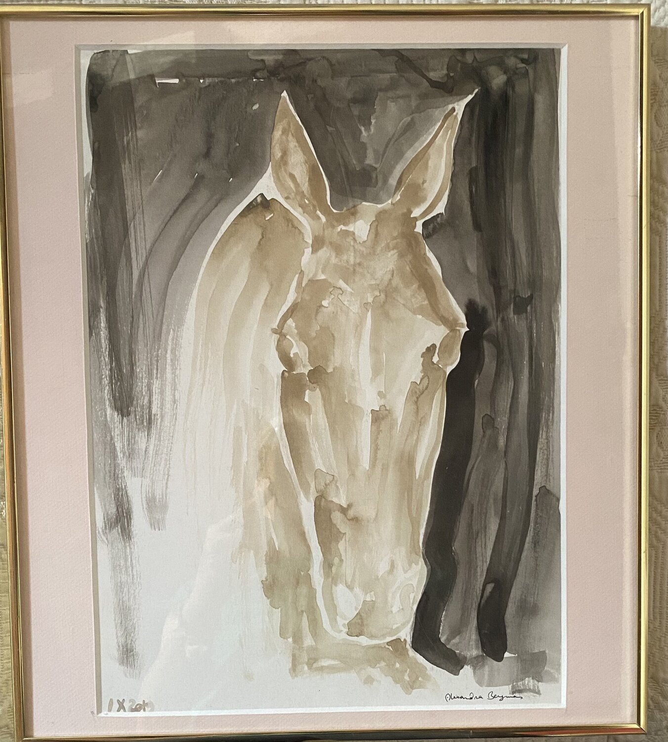 Portrait cheval doré sur fond noir Alexandra Bergmans Originalgemälde zu verkaufen