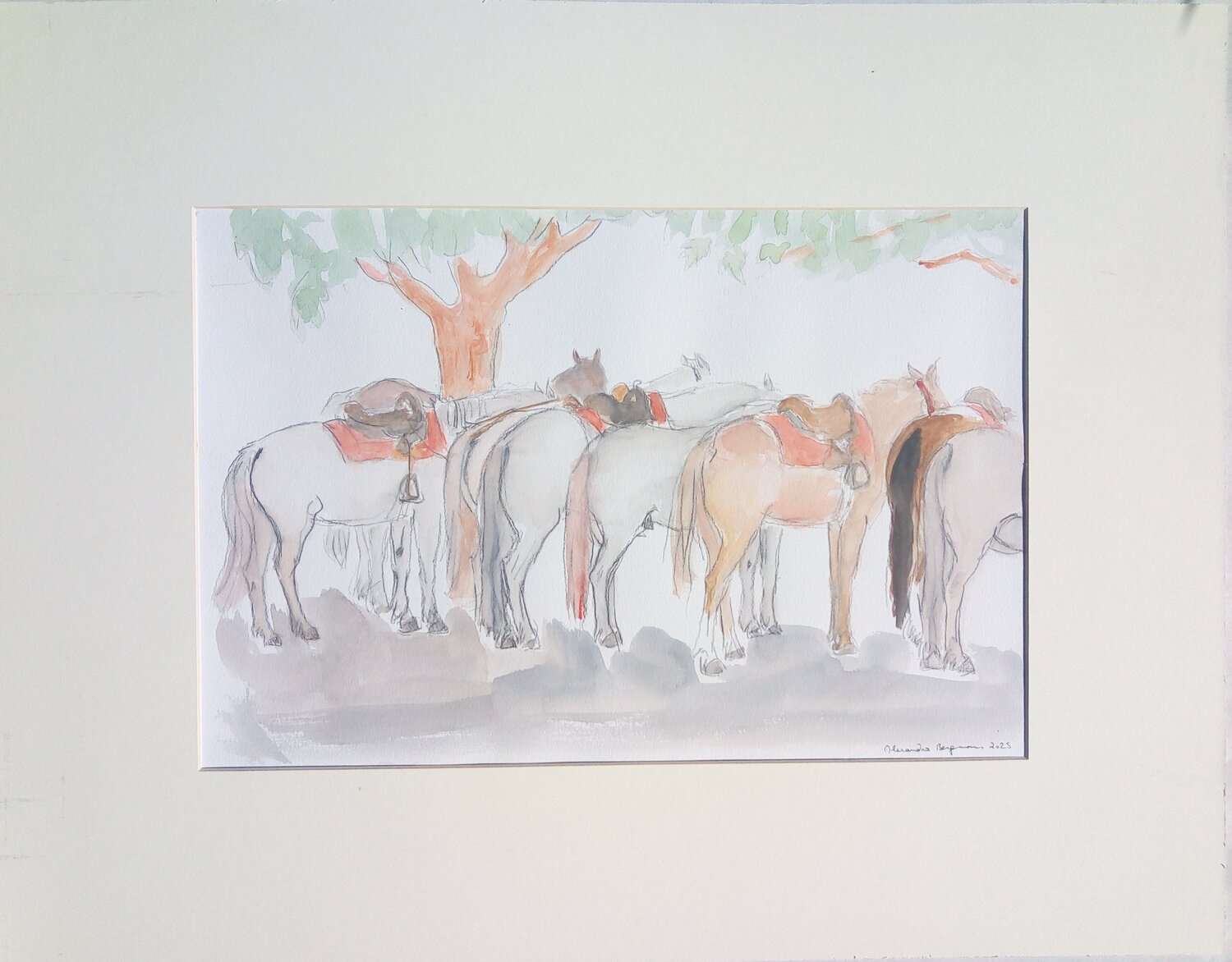 L'attente des chevaux de promenade Alexandra Bergmans Werk auf Papier zu verkaufen