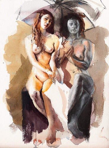 Two Women With Umbrella de Wesley Cabral, Pintura a la venta en Singulart