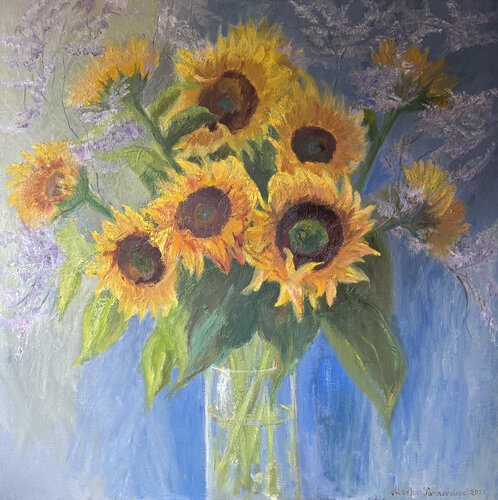 Sunflowers on a Blue Background van Masha Voronovskaya, Schilderij te koop op Singulart
