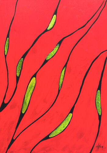 Handmade Acrylic Painting on Canvas - Red & Green Abstract Art - Epoxy Glitter - Paul Klee Inspired - Unique Wall Art - Ready to Hang van Anastasia Kokler, Schilderij te koop op Singulart