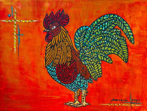 Handmade Rooster Painting - Acrylic & Glitter on Canvas - Nature-Inspired Art - Vibrant Animal Artwork - Ready to Hang van Anastasia Kokler, Schilderij te koop op Singulart