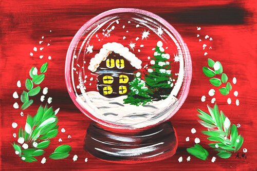 Vintage Schneekugel Traum: Eis Haus in Glas Kugel | Handgemaltes Weihnachts Acrylbild | Nostalgische Festliche Kunst van Anastasia Kokler, Schilderij te koop op Singulart