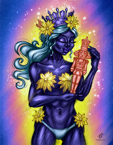 Solar Nutcracker Goddess: Purple Sun Deity with Floral Crown | Fantasy Art Portrait van Anastasia Kokler, Digitaal te koop op Singulart
