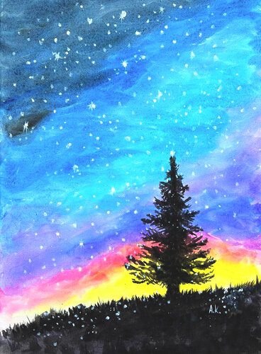 Starry Night Over Evergreen | Magical Nocturnes #2 van Anastasia Kokler, Schilderij te koop op Singulart