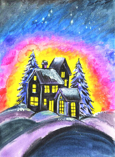 Auroras A Magical Christmas Village | Magical Nocturnes #1 van Anastasia Kokler, Schilderij te koop op Singulart