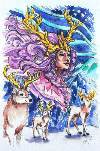 Enchanting Queen of the Frostwood: Watercolor Art with Deer & Snow | Fantasy Fawn Illustration van Anastasia Kokler, Werk op papier te koop op Singulart