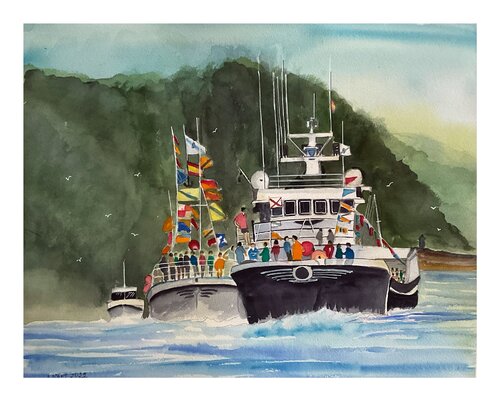 Celebración del dia de la virgen del Carmen en el mar von Alberto Piret, Malerei kaufen auf Singulart