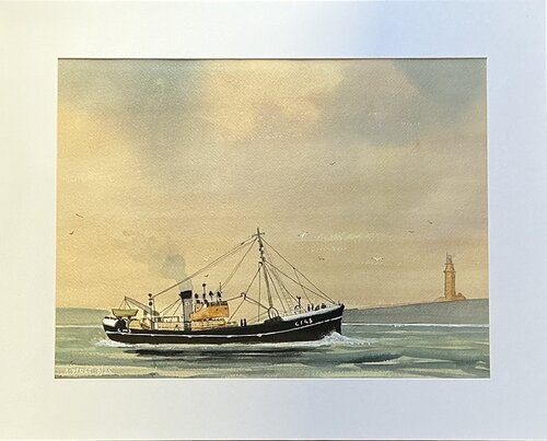 Barco a tico a vapor con torre de Hercules al fondo di Alberto Piret, Opera su carta in vendita su Singulart