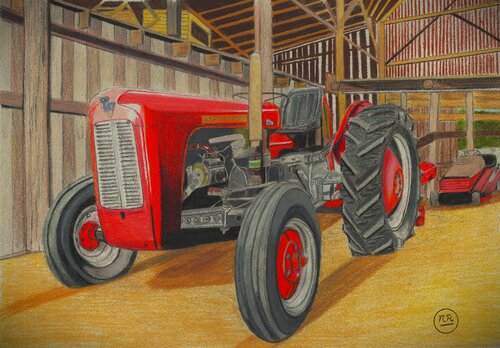 Tracteurs dans leur grange. par Pierre Bayet, Dessin en vente sur Singulart
