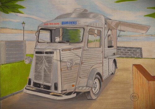 Citroën H en bord de mer. de Pierre Bayet, Dibujo a la venta en Singulart