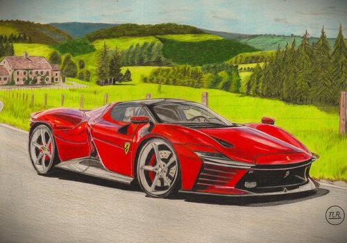 Ferrari sur les Routes Vertes by Pierre Bayet, Drawing for Sale on Singulart