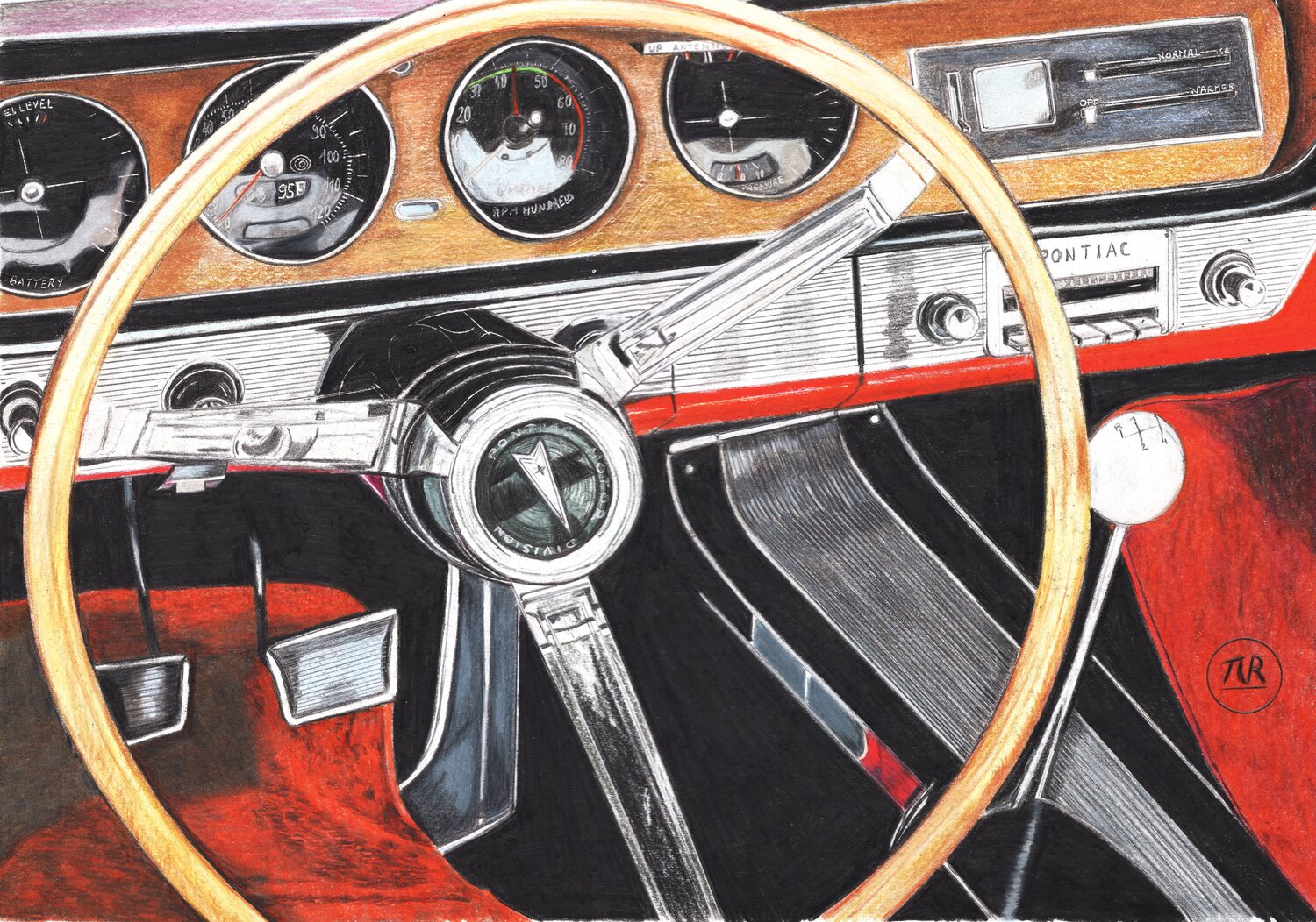 Au volant d'une Pontiac GTO. Pierre Bayet Zeichnungen zu verkaufen