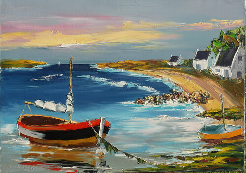 Barques de pêche en Bretagne ; huile au couteau von Bernard JANSON, Malerei kaufen auf Singulart
