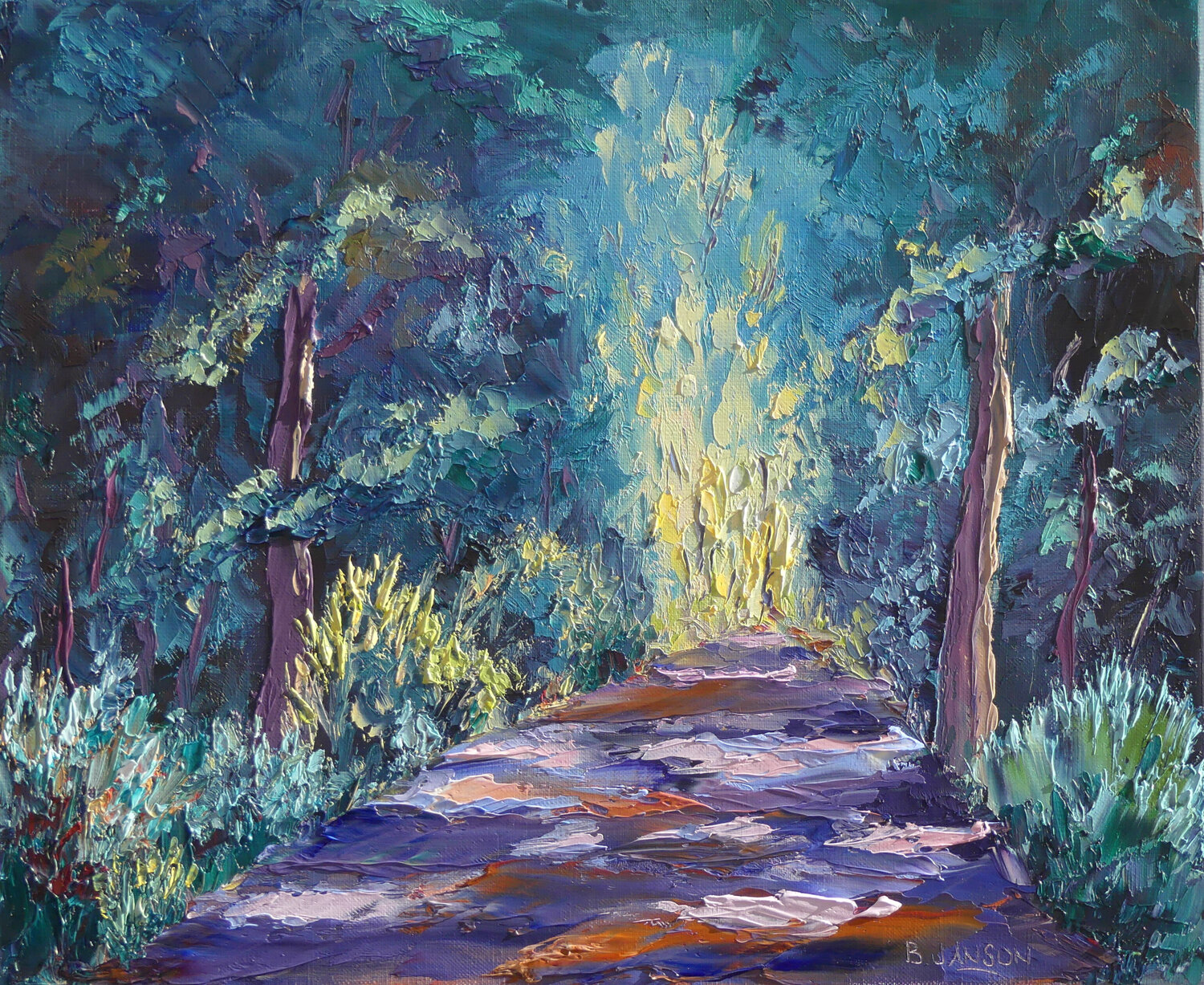 Un chemin forestier ombragé huile au coueau Bernard JANSON Originalgemälde zu verkaufen