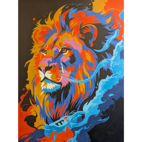 “Dominus” – Colorful Abstract Lion Painting by Sidney Muniz, 油畫 for Sale on Singulart
