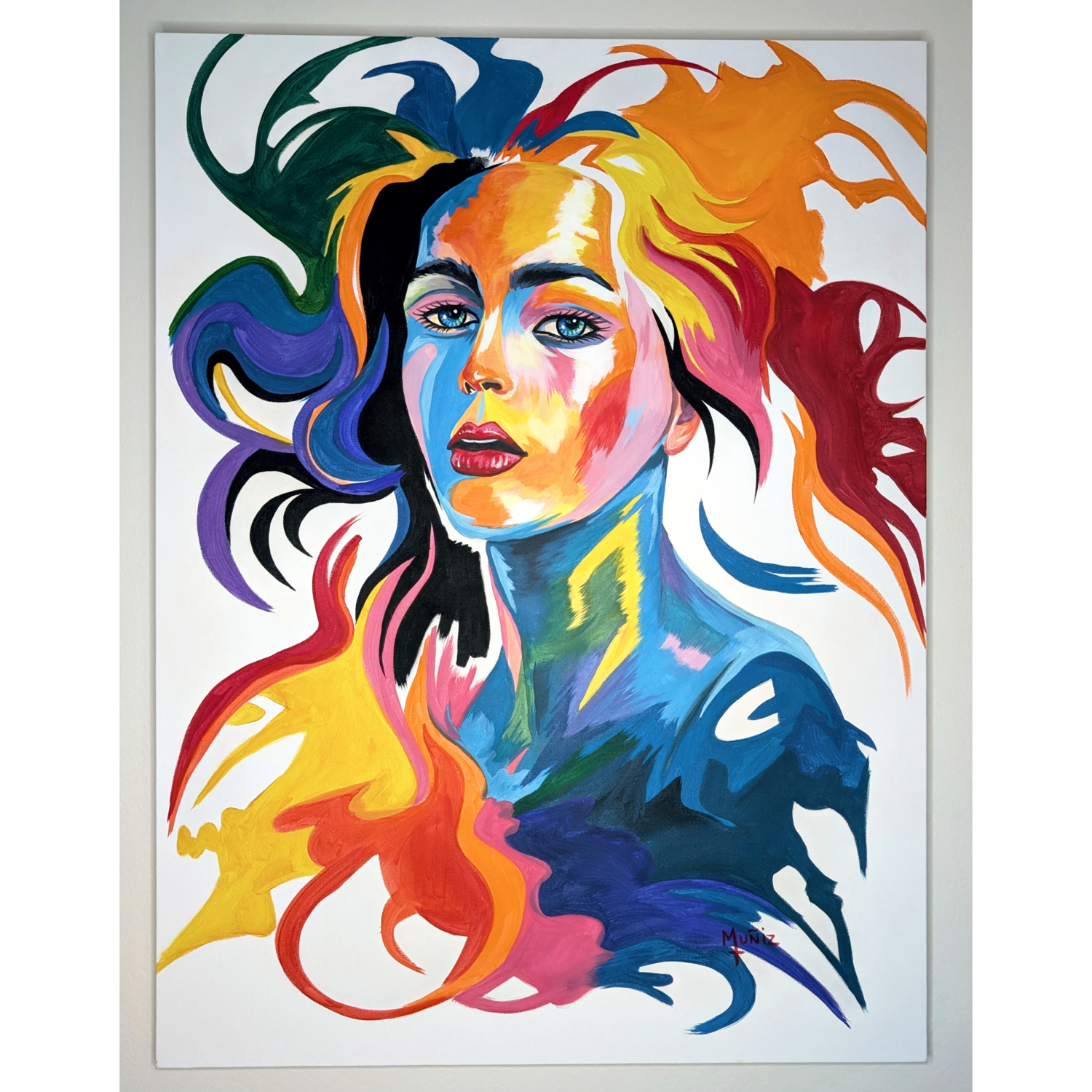Colorful Abstract Portrait Painting – “Chromatic Yearning” Sidney Muniz Originalgemälde zu verkaufen
