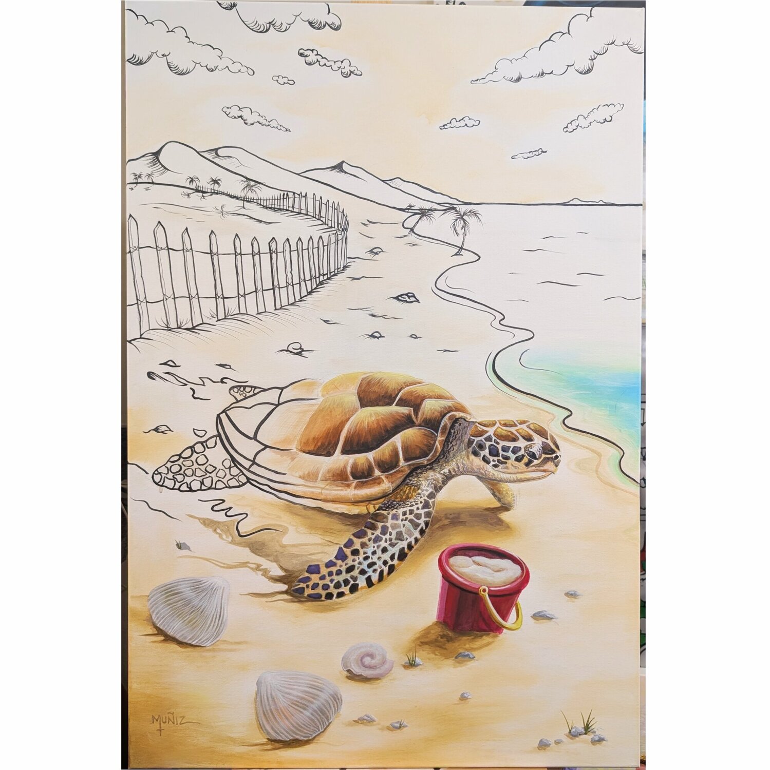 Coastal Sea Turtle Painting – “2D to 3D Turtle” Sidney Muniz Originalgemälde zu verkaufen