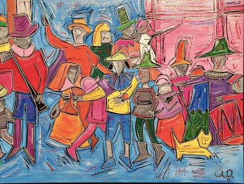 The Night Laughs | Inspired by Rembrandt’s “Night Watch” (SOLD) di Ayka Chao, Pittura in vendita su Singulart