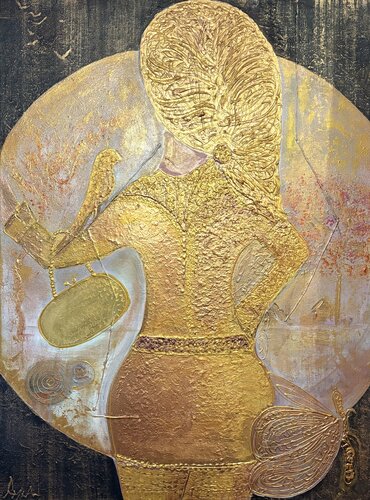 She walks in gold Woman | Textured Figurative Acrylic Painting di Ayka Chao, Pittura in vendita su Singulart