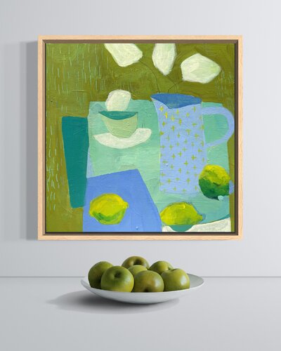 Tablescape with Blue Vase di Sandra Boorne, Pittura in vendita su Singulart