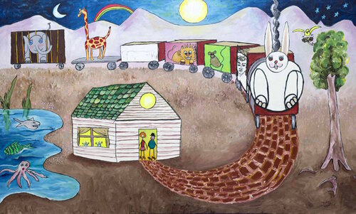 REQUIEM FOR CHILDHOOD….BRICK ROAD…THE LITTLE TRAIN van Renato de la Riva, Schilderij te koop op Singulart