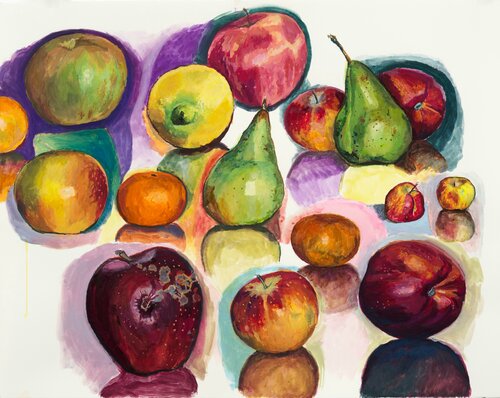 pommes poires clémentines et reflets di Marc Goldstain, Pittura in vendita su Singulart