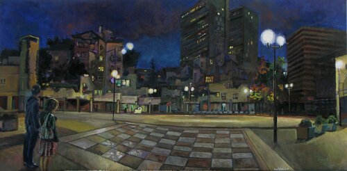 Place Voltaire la nuit (Ivry sur seine) île de France di Marc Goldstain, Pittura in vendita su Singulart