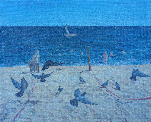 "The Pigeons on Fenals Beach". par Sargis Knyazyan, Peinture en vente sur Singulart