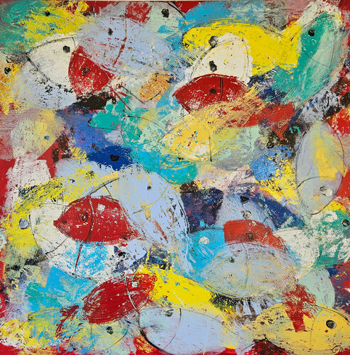 Poissons jaunes, rouges, bleus, blancs van Guillaume Marchat, Schilderij te koop op Singulart
