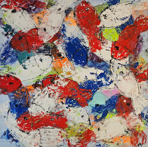 Poissons rouges, bleus, blancs di Guillaume Marchat, Pittura in vendita su Singulart