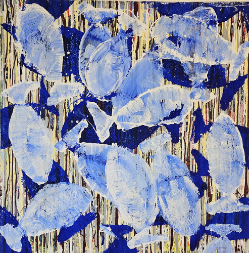 Poissons bleus et blancs sur fond strié di Guillaume Marchat, Pittura in vendita su Singulart