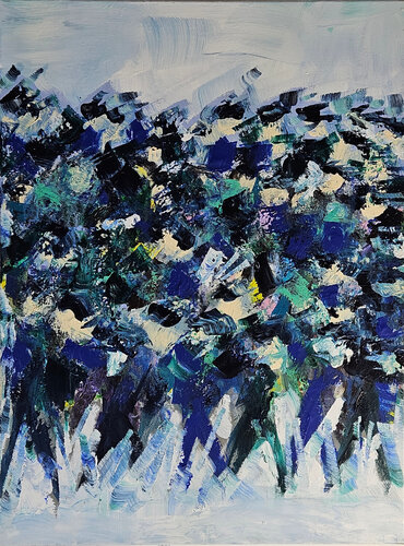 Foule, hommes qui marchent  en bleu et jaune von Guillaume Marchat, Malerei kaufen auf Singulart