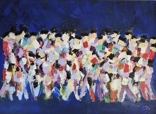 Hommes qui marchent sur fond bleu foncé, foule di Guillaume Marchat, Pittura in vendita su Singulart