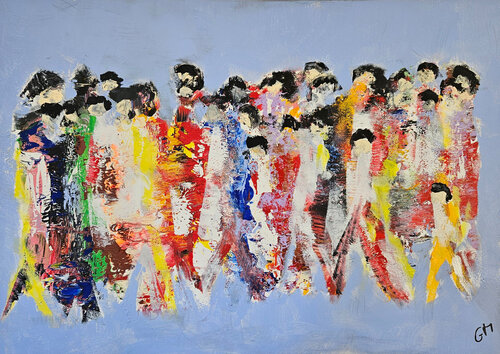 Hommes qui marchent, foule sur fond bleu clair Guillaume Marchat