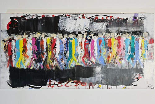 Hommes qui marchent, foule, personnages sur fond noir 1 von Guillaume Marchat, Malerei kaufen auf Singulart
