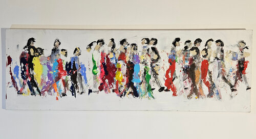 Hommes qui marchent, foule, personnages sur fond blanc long di Guillaume Marchat, Pittura in vendita su Singulart